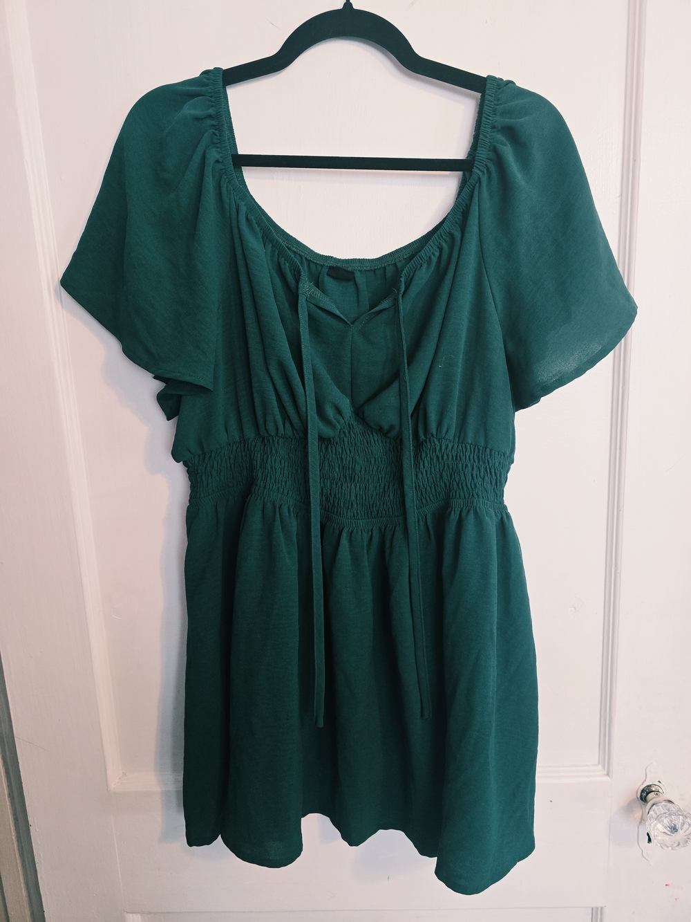 Women’s Emerald Green Mini Dress with Smocked Waist And Tie Front